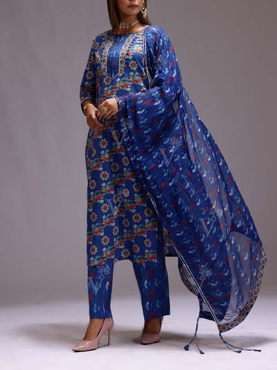 Blue Cotton Printed Suit Set