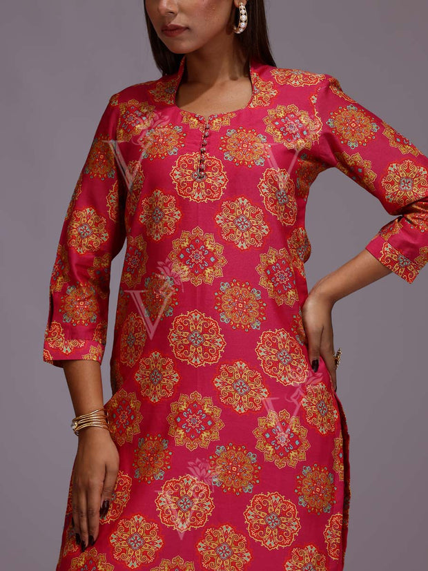 Pink Cotton Printed Kurti