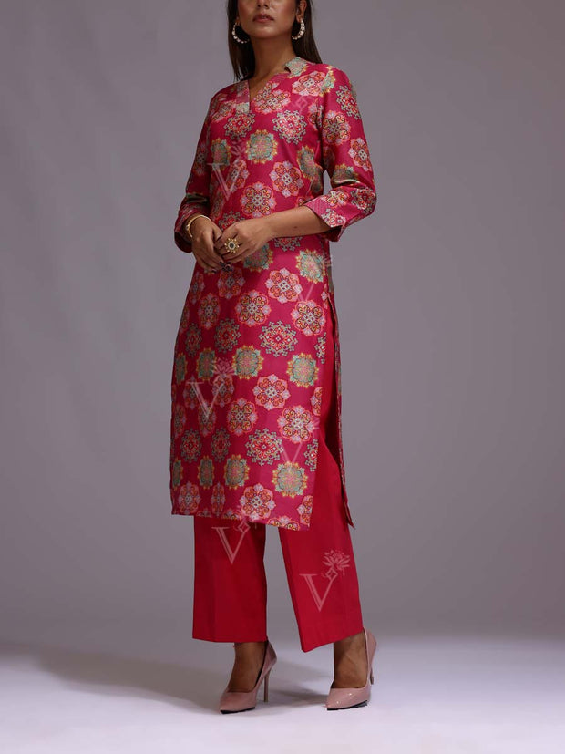 Pink Cotton Printed Kurti