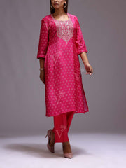 Pink Embroidered Vasansi Silk Bandhani Kurti