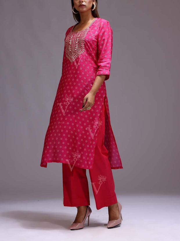 Pink Embroidered Vasansi Silk Bandhani Kurti