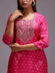 Pink Embroidered Vasansi Silk Bandhani Kurti