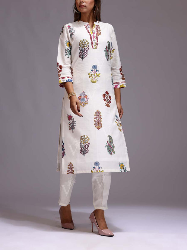 White Chanderi Printed Kurti