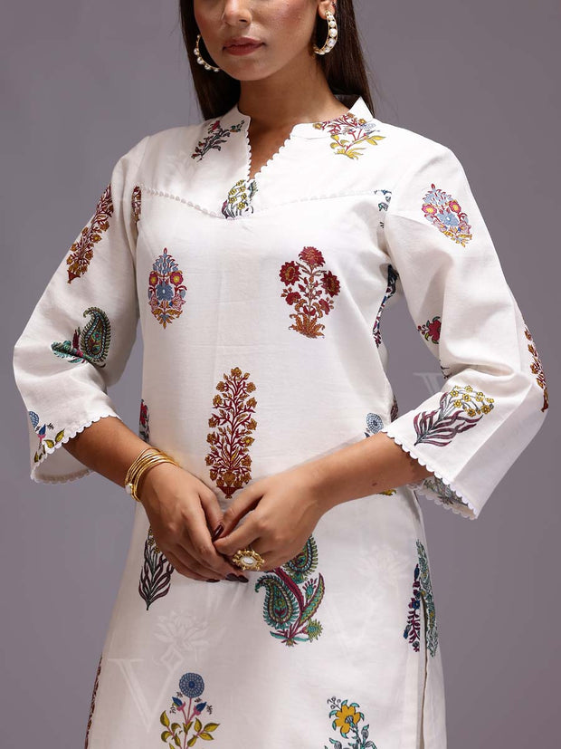 White Chanderi Printed Kurti