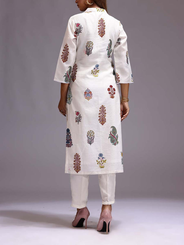 White Chanderi Printed Kurti