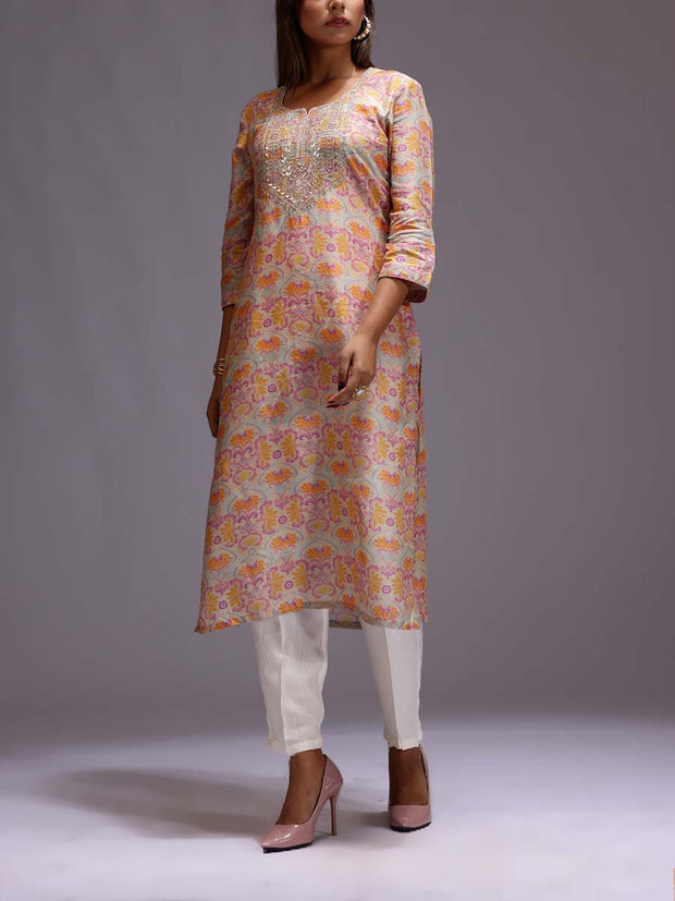 Beige Vasani Silk Printed Kurti