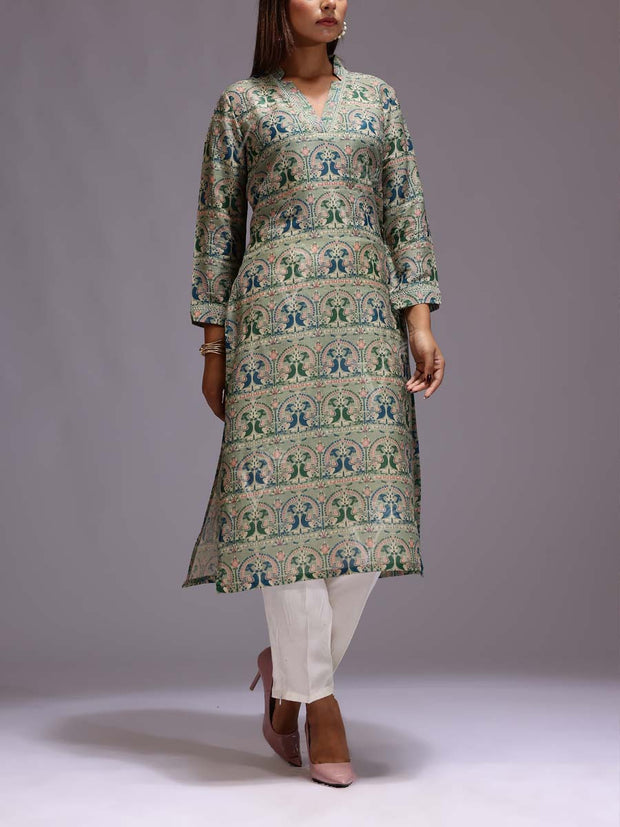 Green Chanderi Printed Kurti