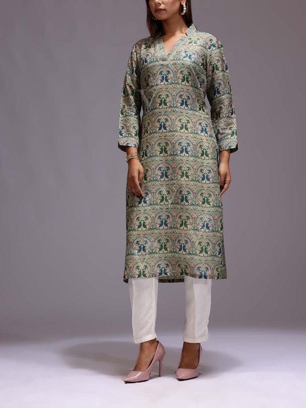 Green Chanderi Printed Kurti