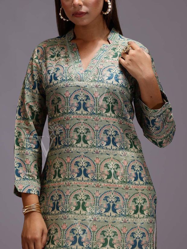 Green Chanderi Printed Kurti