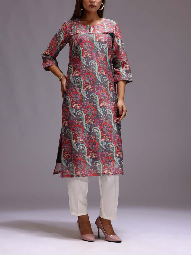 Grey Cotton Printed Kurti