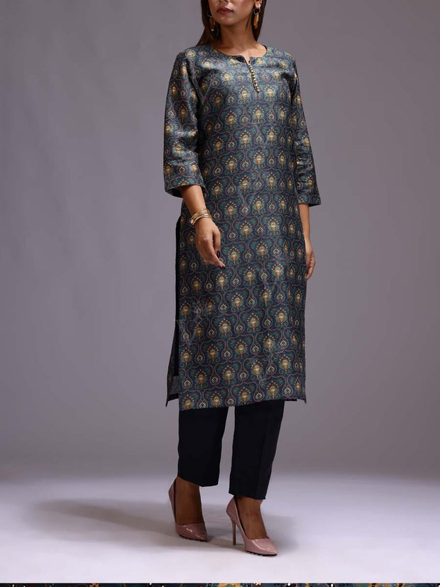 Dark Grey Cotton Printed Kurti