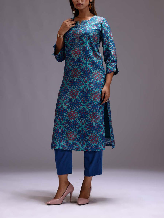 Blue Cotton  Printed Kurti