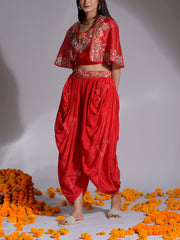 Red Embroidered Organza Top with Jacket and Dhoti set