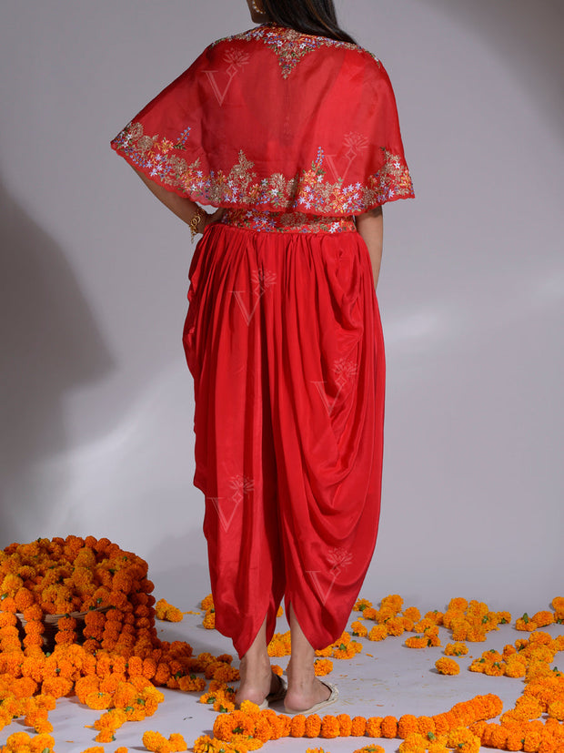 Red Embroidered Organza Top with Jacket and Dhoti set