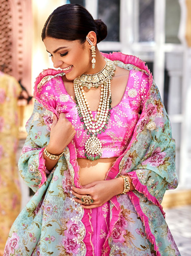 Pink Aari Gota Lehenga With Floral Dupatta