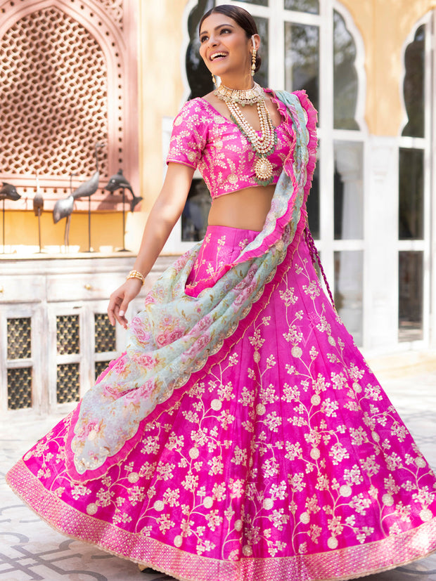 Pink Aari Gota Lehenga With Floral Dupatta