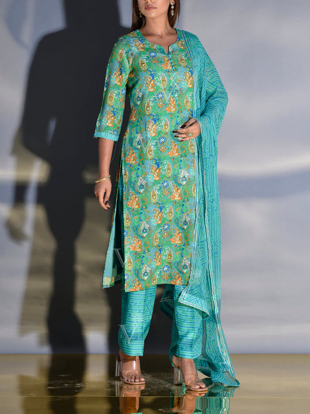 Grass Green and Blue Vasansi Silk Printed Suit Set