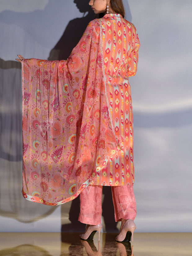 Peach Pink Vasansi Silk Printed Suit Set
