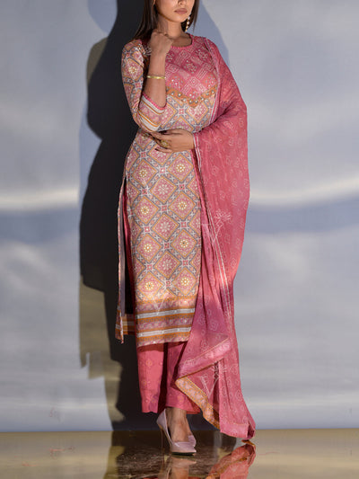 Pink and Grey Vasansi Silk Printed Suit Set