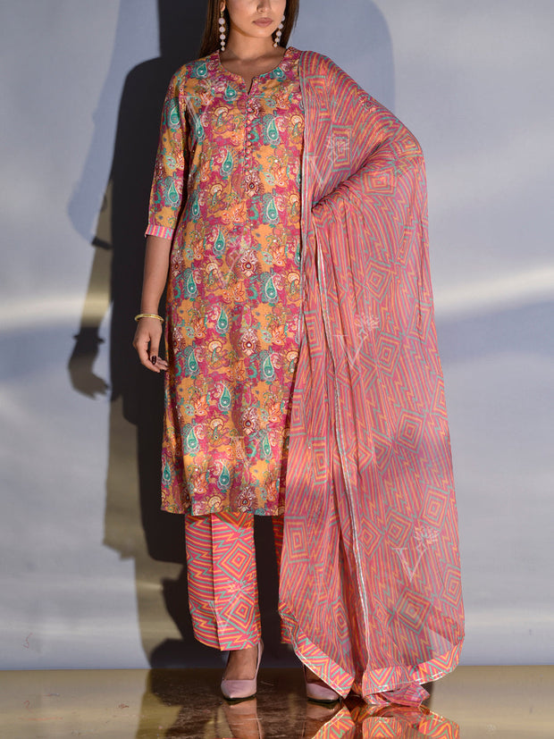 Mustard and Pink Vasansi Silk Printed Suit Set