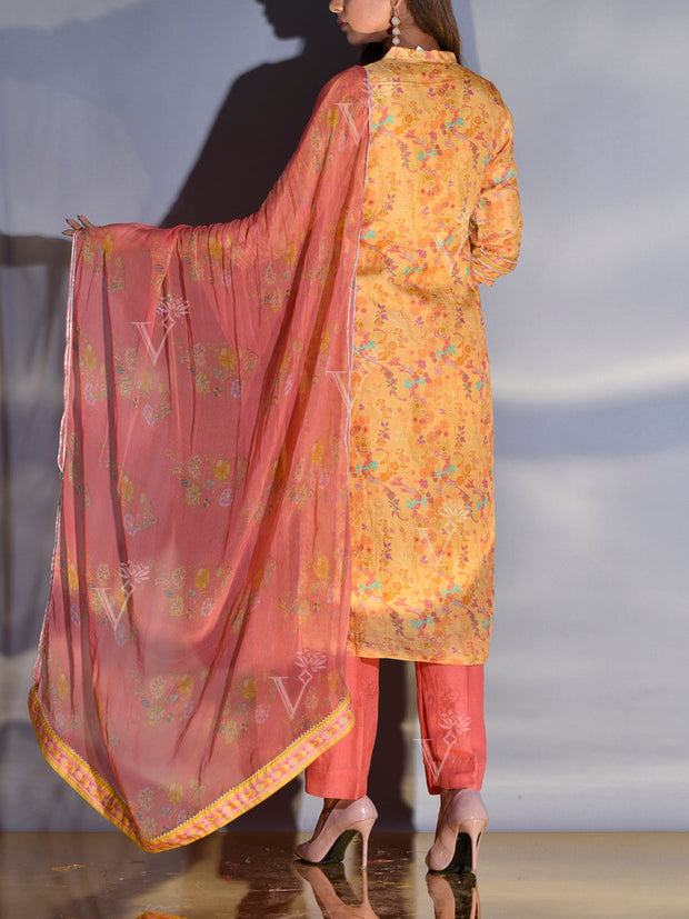 Yellow and Peach Vasansi Silk Printed Suit Set