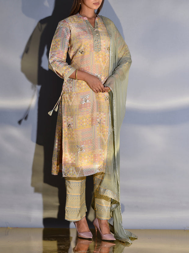 Yellow and Grey Vasansi Silk Suit Set