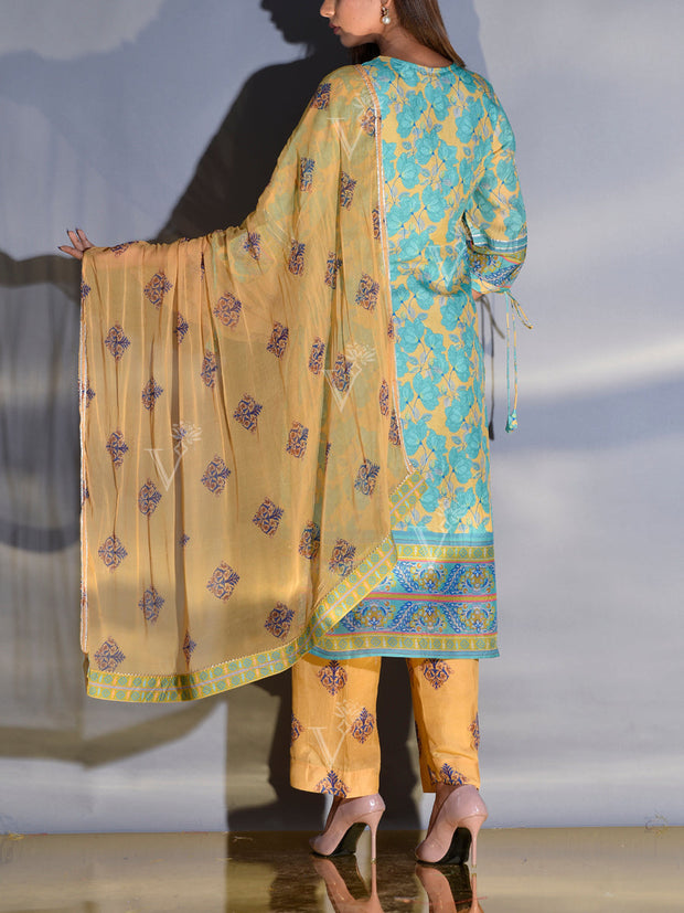 Yellow and Blue Floral Printed Vasansi Silk Suit Set