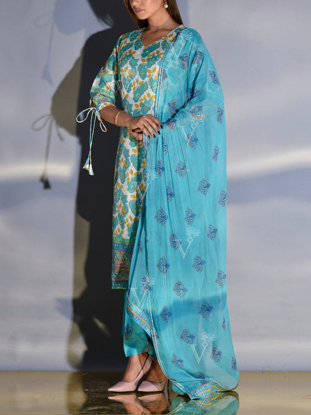 Off-White and Blue Floral Printed Vasansi Silk Suit Set