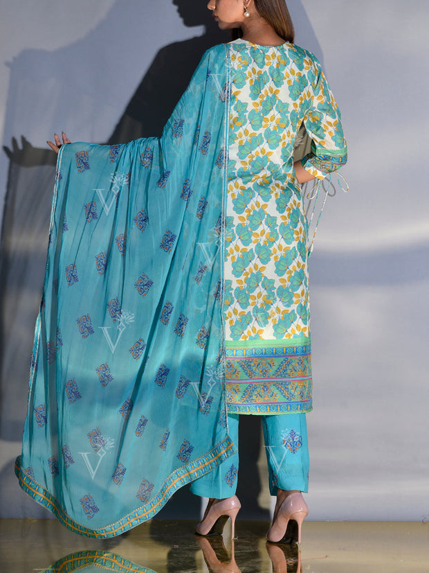 Off-White and Blue Floral Printed Vasansi Silk Suit Set