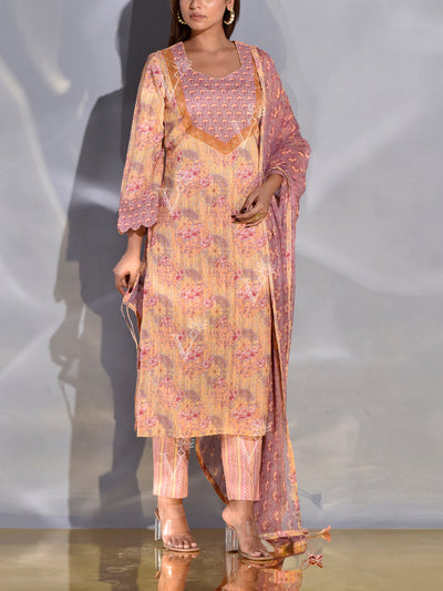 Crepe Pink and Yellow Dobby Printed Suit Set