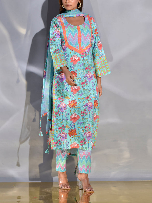 Light Blue Cotton Printed Suit Set