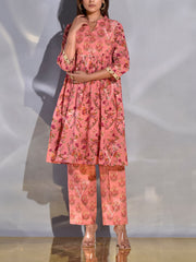 Light Coral Cotton Printed Kurta and Pant Set