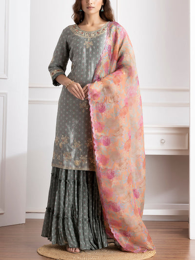 Grey Embroidered Kurta and Sharara Set - VJ06072116