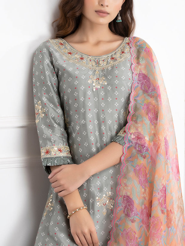 Grey Embroidered Kurta and Sharara Set - VJ06072116