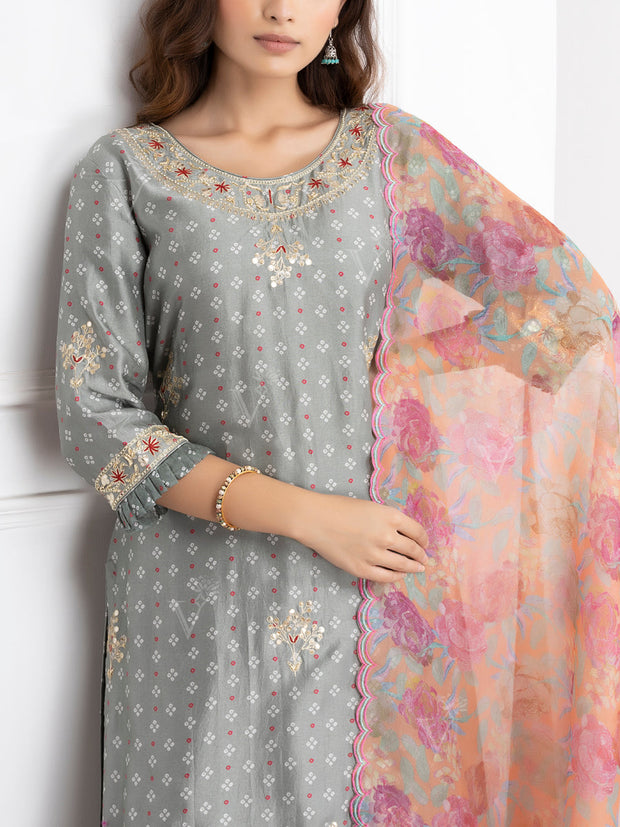 Grey Embroidered Kurta and Sharara Set - VJ06072116