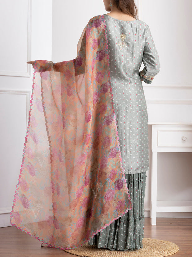 Grey Embroidered Kurta and Sharara Set - VJ06072116