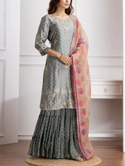 Grey Embroidered Kurta and Sharara Set - VJ06072116