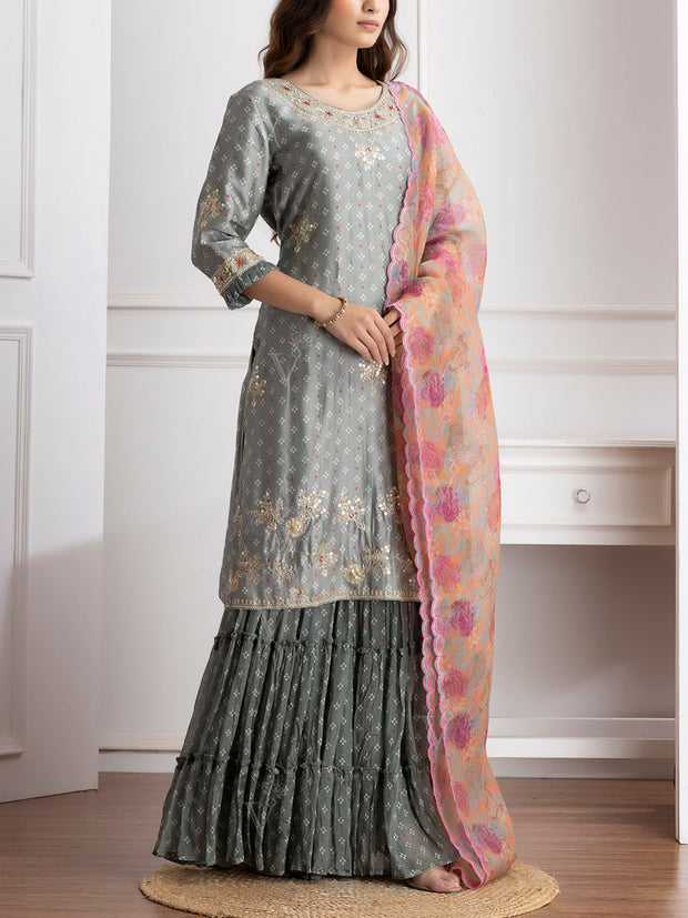 Grey Embroidered Kurta and Sharara Set - VJ06072116