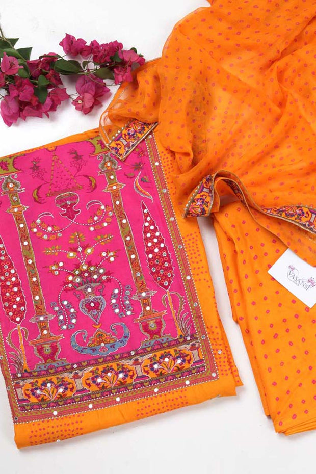 Pink and Yellow Vasansi Silk Dress Material