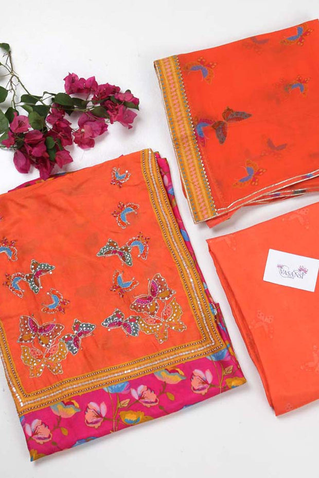 Pink and Orange Vasansi Silk Dress Material