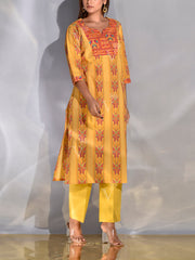 Mustard Printed Cotton Kurta