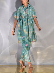 Turquoise Vasansi Silk Printed Kaftan Set