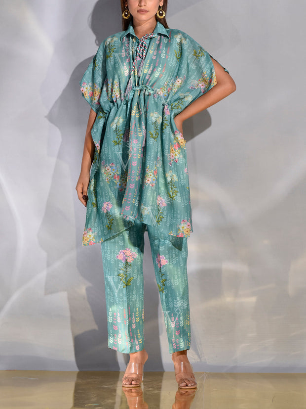 Turquoise Vasansi Silk Printed Kaftan Set