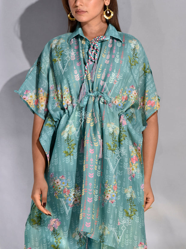 Turquoise Vasansi Silk Printed Kaftan Set