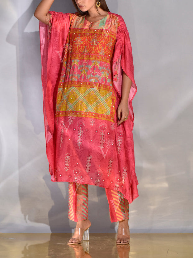 Fiery Rose Pink Vasansi Silk Printed Kaftan Set