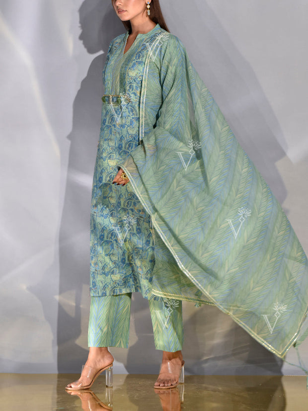 Green Cotton Printed Suit Set