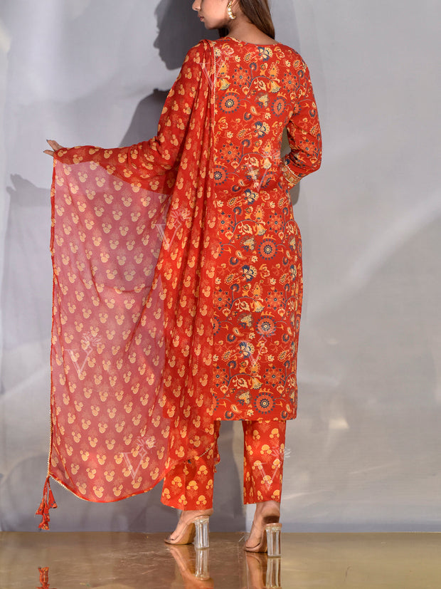 Red Printed Cotton Suit Set