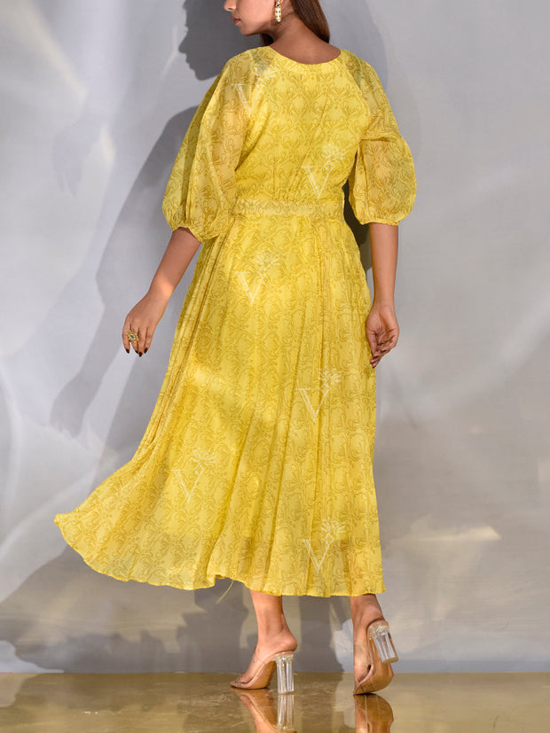 Pastel Yellow Vasansi Silk Printed Dress