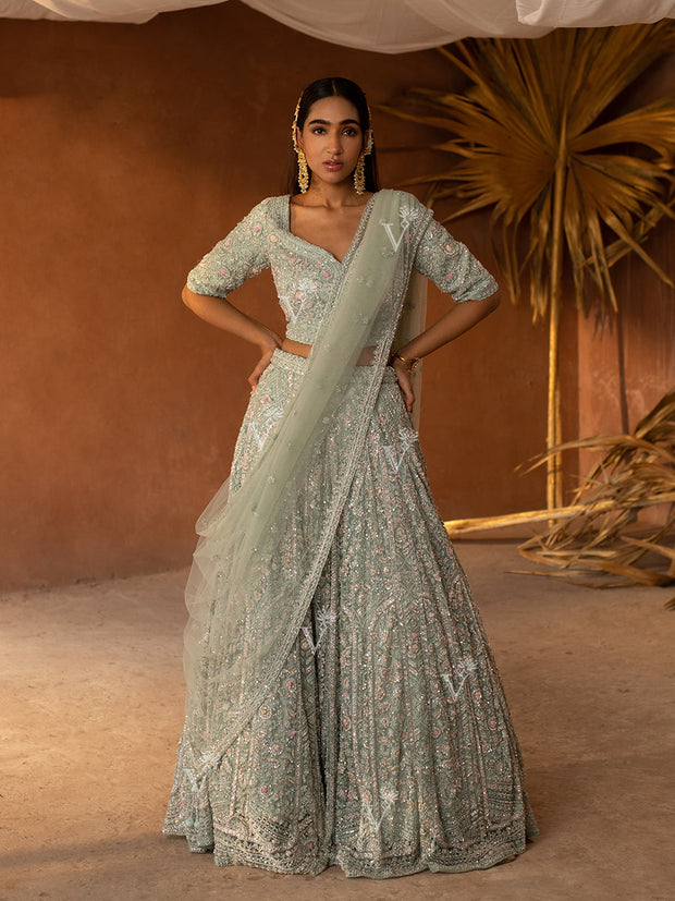 Sea Green Net Lehenga Set