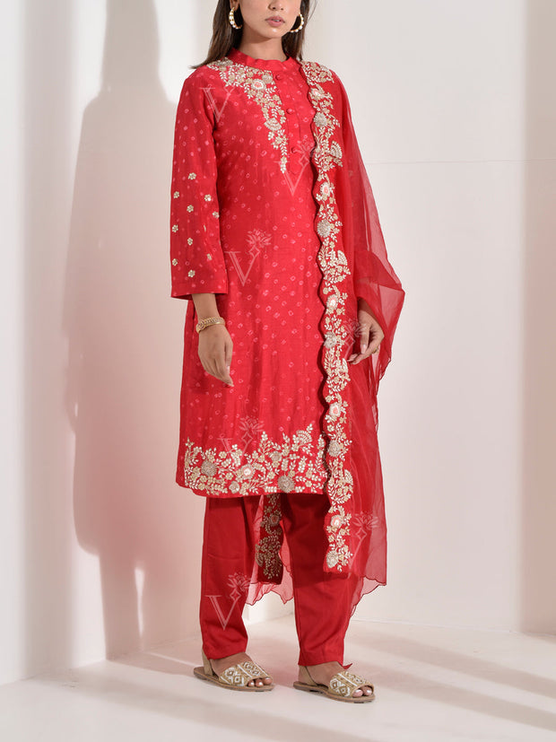 Red Silk Bhandej Emrbroidered Suit Set